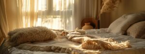 a serene bedroom scene featuring a plush, inviting futon mattress adorned with soft, textured blankets and cushions, bathed in warm, golden light filtering through sheer curtains, emphasizing comfort and relaxation.