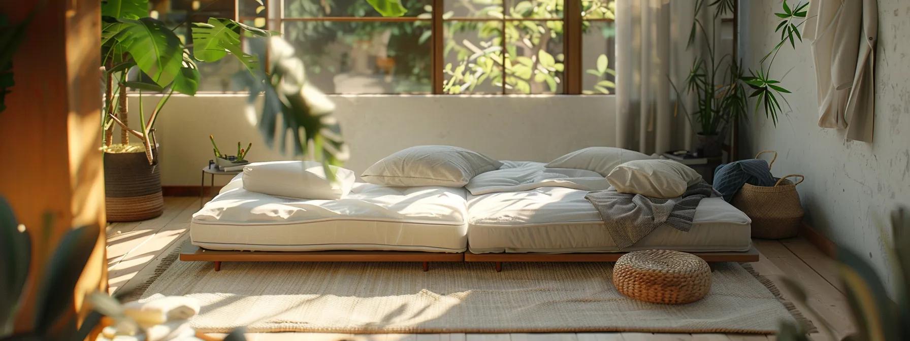 a serene bedroom scene featuring an inviting arrangement of various futon mattresses, showcasing the contrasting textures and colors of traditional cotton, modern memory foam, versatile latex, durable innerspring, and hybrid styles, illuminated by soft, natural light filtering through a window.