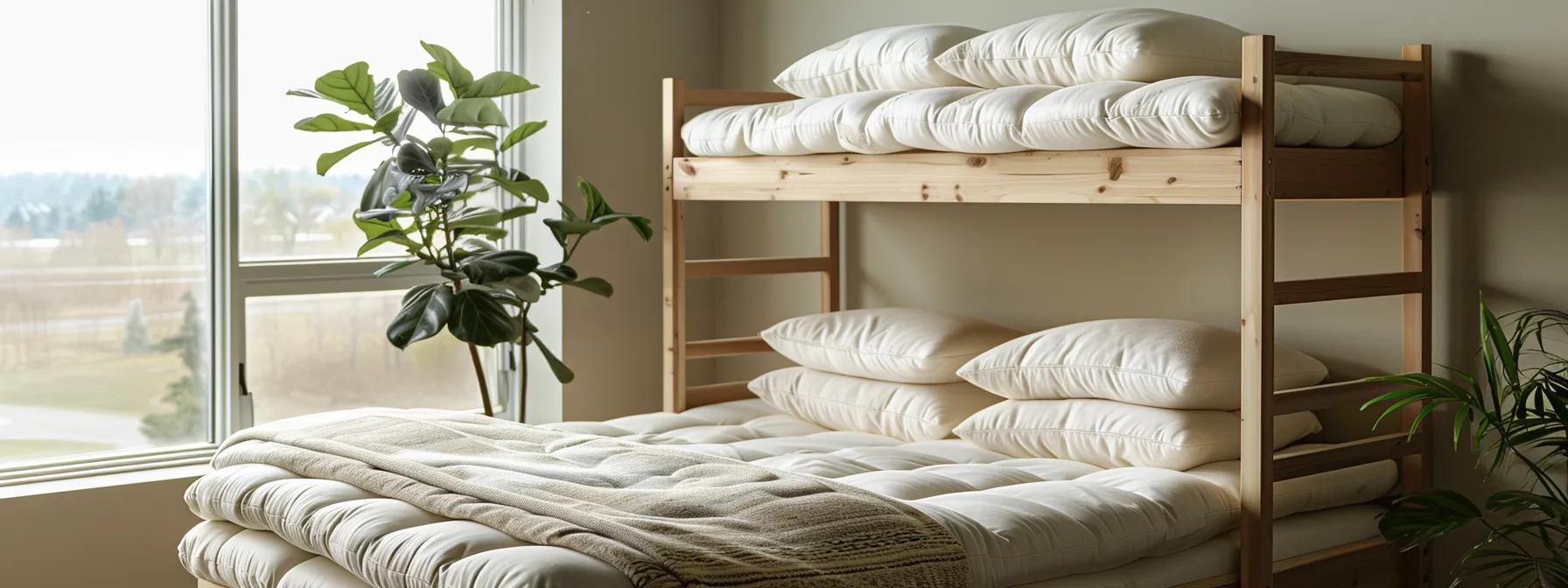 a serene bedroom scene showcases a comfortable, well-made futon mattress positioned on a stylish bunk bed, highlighting its inviting firmness and breathable fabric under soft, natural light streaming through a nearby window.