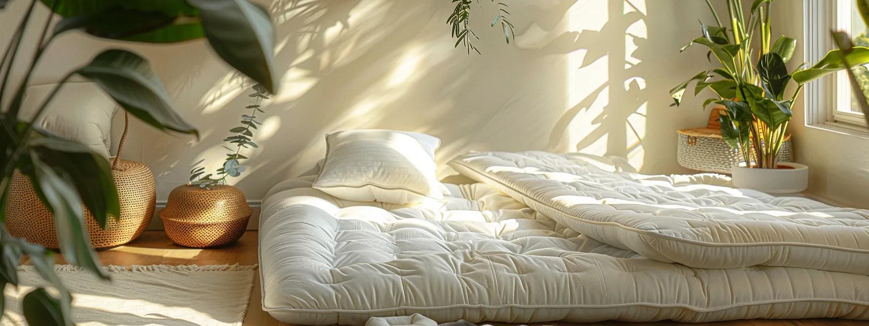 a serene bedroom setting features an array of futon mattresses in various styles—cotton, memory foam, latex, and innerspring—artistically arranged to highlight their unique textures and colors under soft, natural lighting.