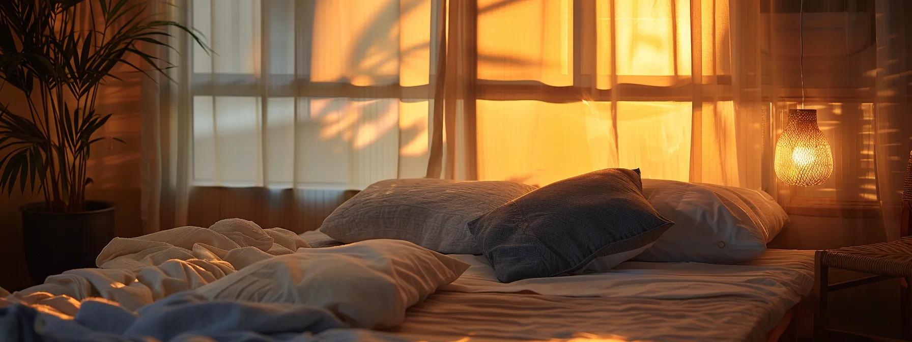 a serene bedroom setting featuring a neatly arranged futon mattress adorned with plush bedding and soft pillows, illuminated by warm, soft lighting that creates a cozy, inviting atmosphere for restful sleep.