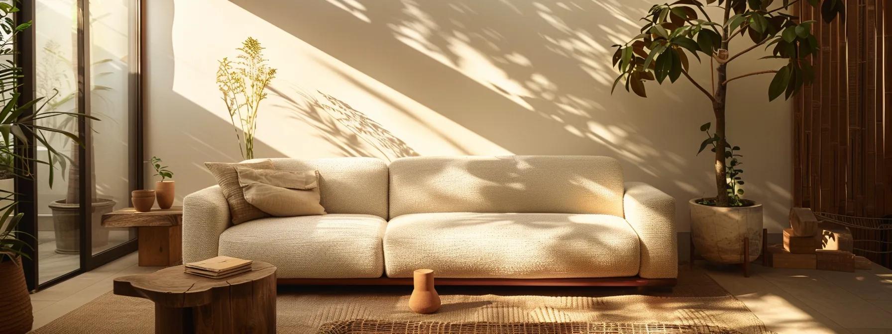 a serene living room elegantly showcasing a stylish futon and a sophisticated sofa bed, bathed in warm natural light, highlighting the balance between space efficiency and modern design aesthetics.