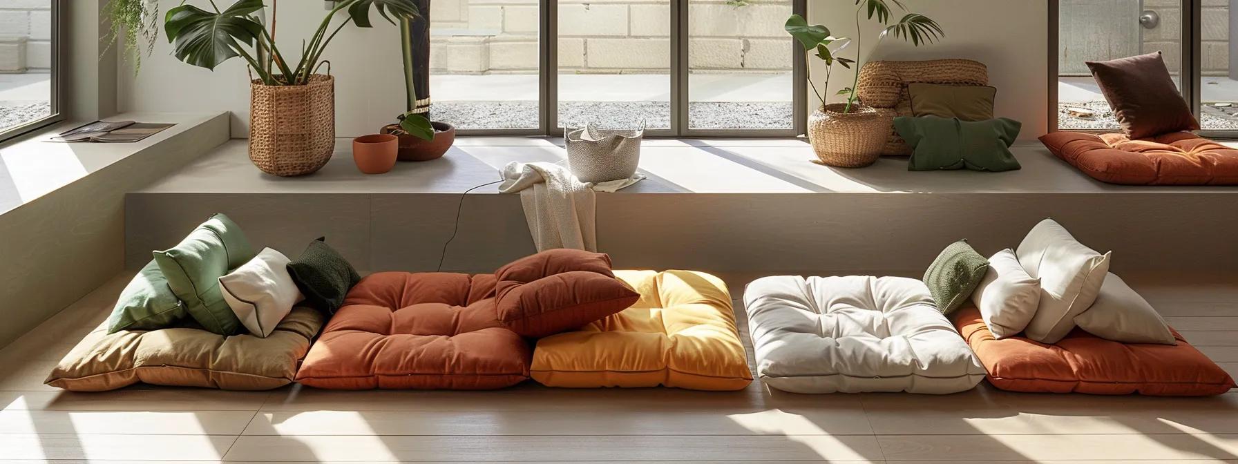 a serene living room setting showcases a variety of vibrant futon mattresses, each type effortlessly blending comfort and style with soft natural lighting highlighting their textures and colors.