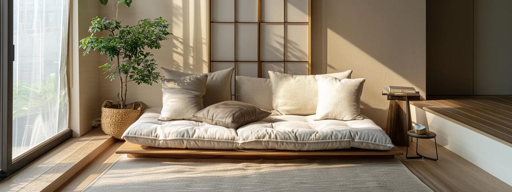 a serene living room showcases a luxurious futon sofa bed with a plush mattress, elegantly positioned to highlight its dual functionality for both seating and sleeping, bathed in soft natural light streaming through a nearby window.