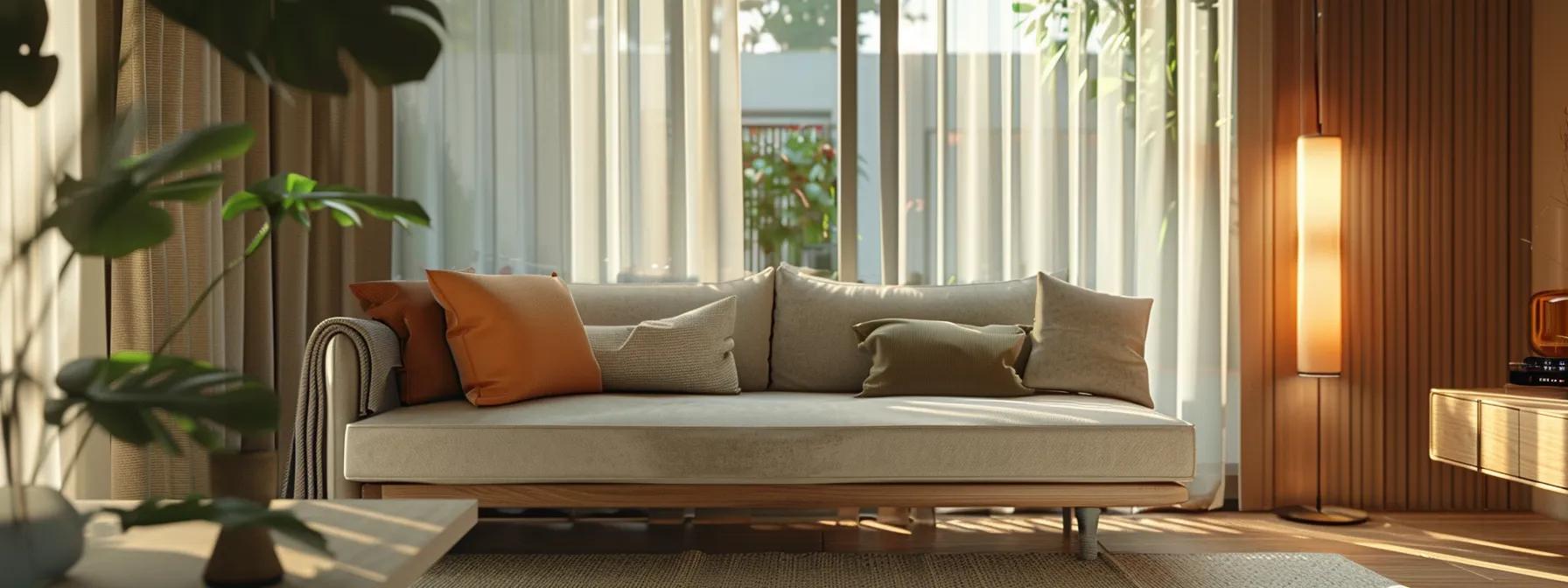 a sleek, modern living room features a stylish futon sofa bed in a rich fabric, bathed in warm natural light, seamlessly transitioning from a cozy sofa to an inviting bed, showcasing the harmony of functionality and contemporary design in a versatile small space.