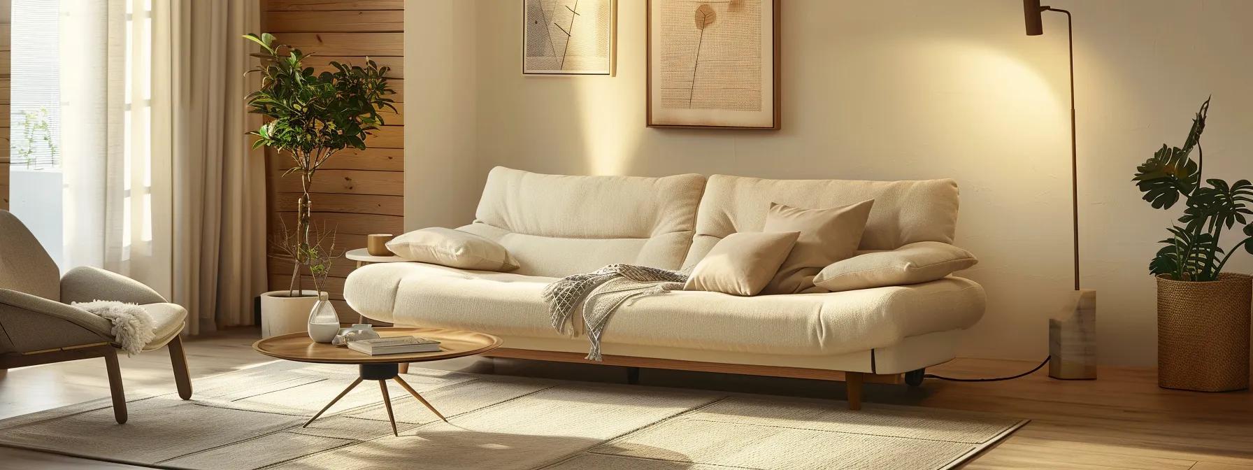 a stylish futon, elegantly displayed in a modern living room setting, showcases its sleek design and space-saving features while harmonizing with a chic interior arrangement bathed in soft, warm lighting.