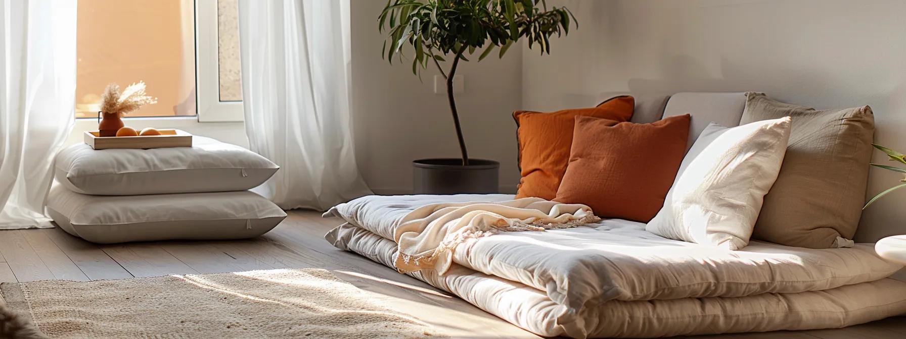 a stylish living room showcases a modern futon and a sleek sofa bed, each highlighted by warm, natural light, emphasizing their distinct shapes and textures against a softly blurred backdrop.