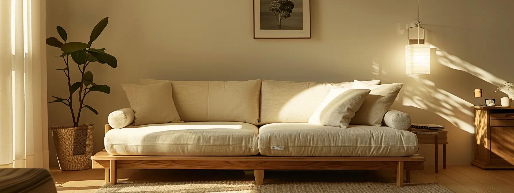 a stylish, modern futon sofa bed elegantly transforms a cozy living room space, showcasing its sleek wooden frame and plush upholstery under soft, warm lighting.