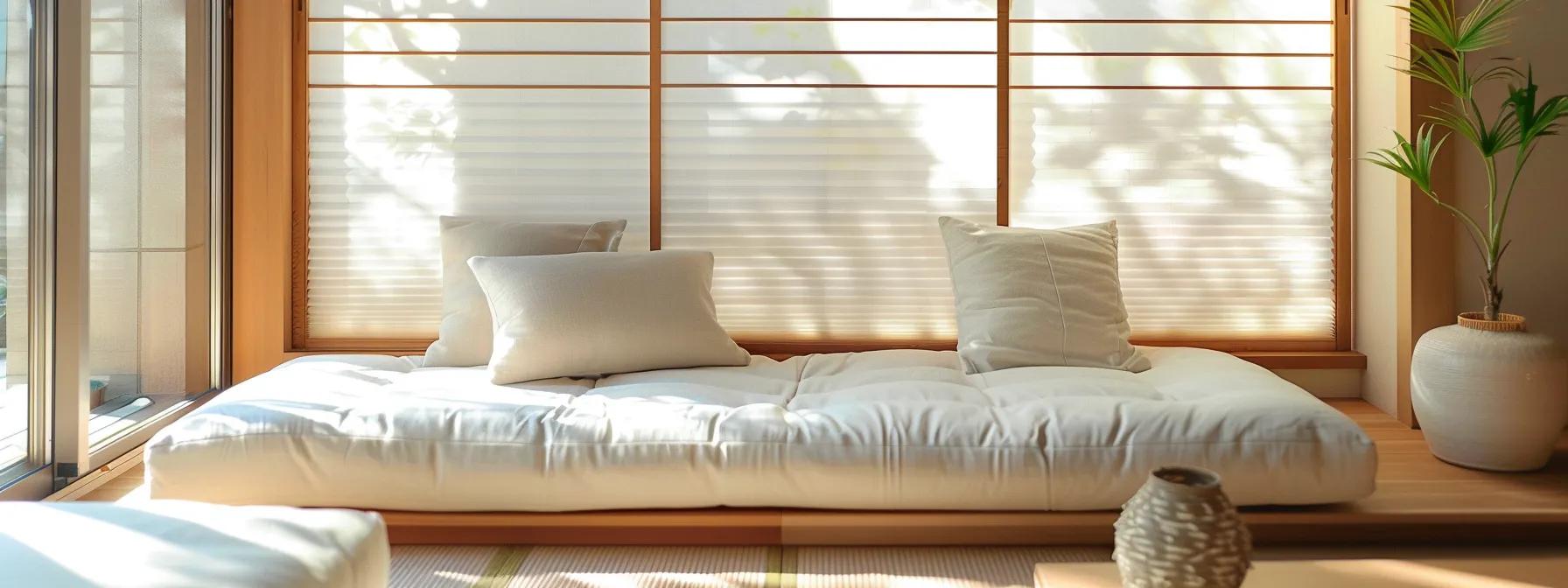 an elegant living room showcases a beautifully arranged futon mattress, adorned with soft cushions and ambient light filtering through the window, epitomizing comfort and style for discerning buyers.