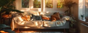 a cozy living room bathed in warm afternoon light showcases a well-maintained futon couch adorned with plush throw pillows, emphasizing its inviting and durable charm.